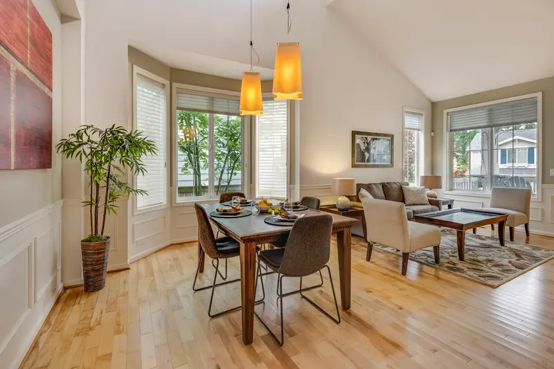 Dining room with a warm refinished oak floor