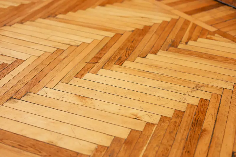 Pale oak herringbone floor, close view